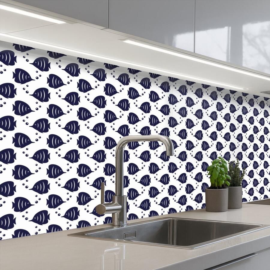 KitchenYeah Keuken achterwand 200x60 cm Spatscherm zelfklevend Oceaan Vis Blauw Wit Muurbeschermer Spatwand fornuis