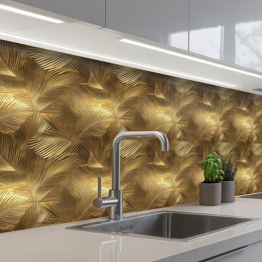 KitchenYeah Keuken achterwand 200x60 cm Spatscherm zelfklevend Palm Waaier Goud Muurbeschermer Spatwand fornuis