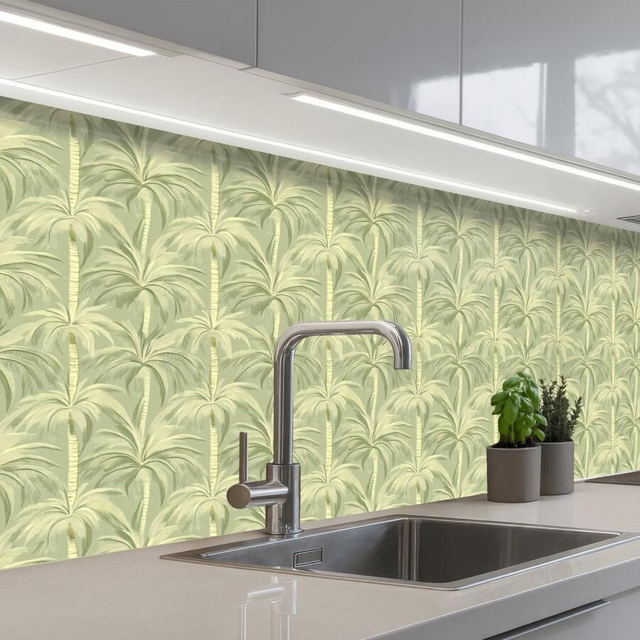 KitchenYeah Keuken achterwand 200x60 cm Spatscherm zelfklevend Palmwoud Tropisch Groen Muurbeschermer Spatwand fornuis