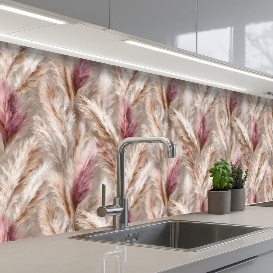 KitchenYeah Keuken achterwand 200x60 cm Spatscherm zelfklevend Pampasgras Pluizig Kleurrijk Muurbeschermer Spatwand fornuis