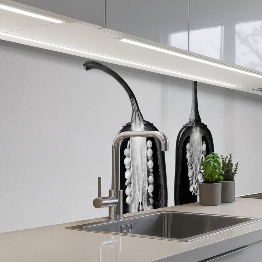 KitchenYeah Keuken achterwand 200x60 cm Spatscherm zelfklevend Pepers Zwart Wit Zaadlijsten Muurbeschermer Spatwand fornuis