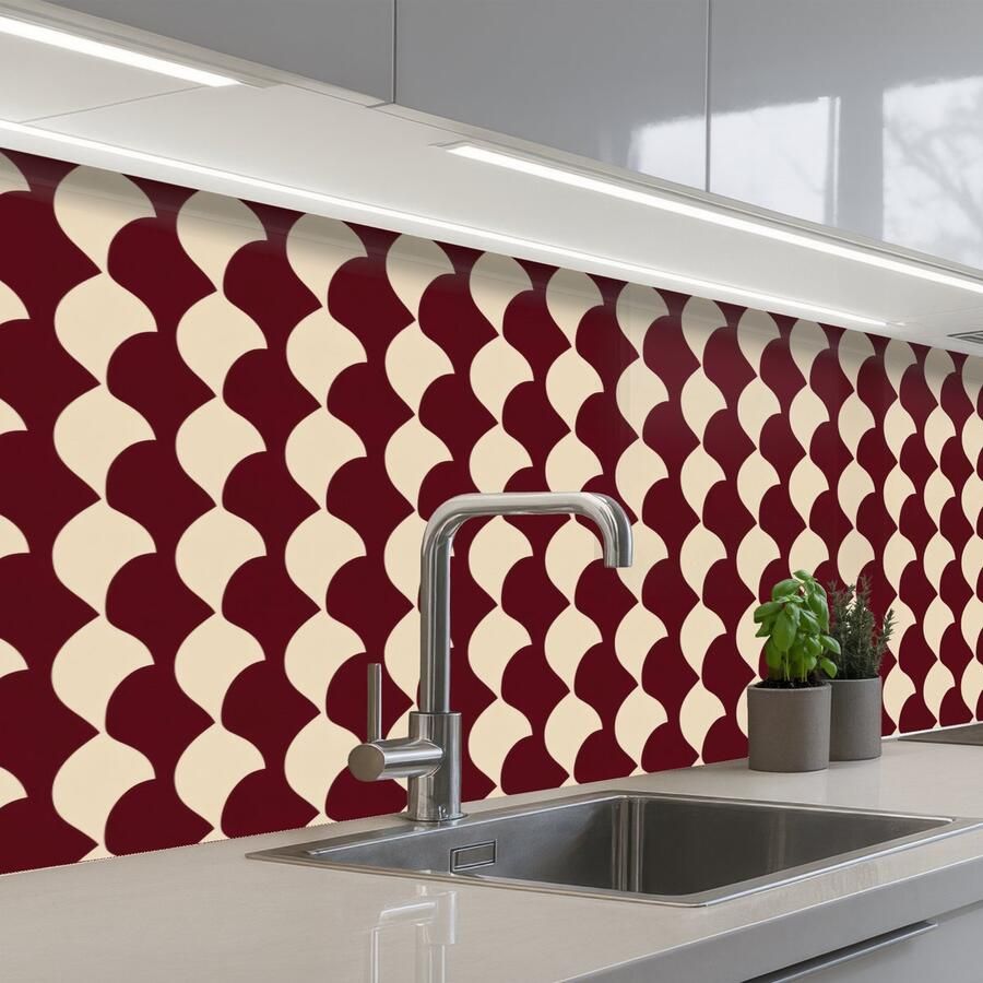 KitchenYeah Keuken achterwand 200x60 cm Spatscherm zelfklevend Rood Tegelpatroon Crème Muurbeschermer Spatwand fornuis
