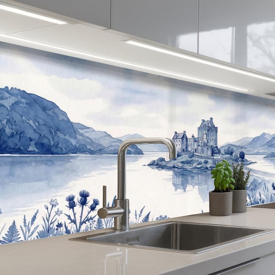 KitchenYeah Keuken achterwand 200x60 cm Spatscherm zelfklevend Schots Kasteel Blauw Aquarel Muurbeschermer Spatwand fornuis