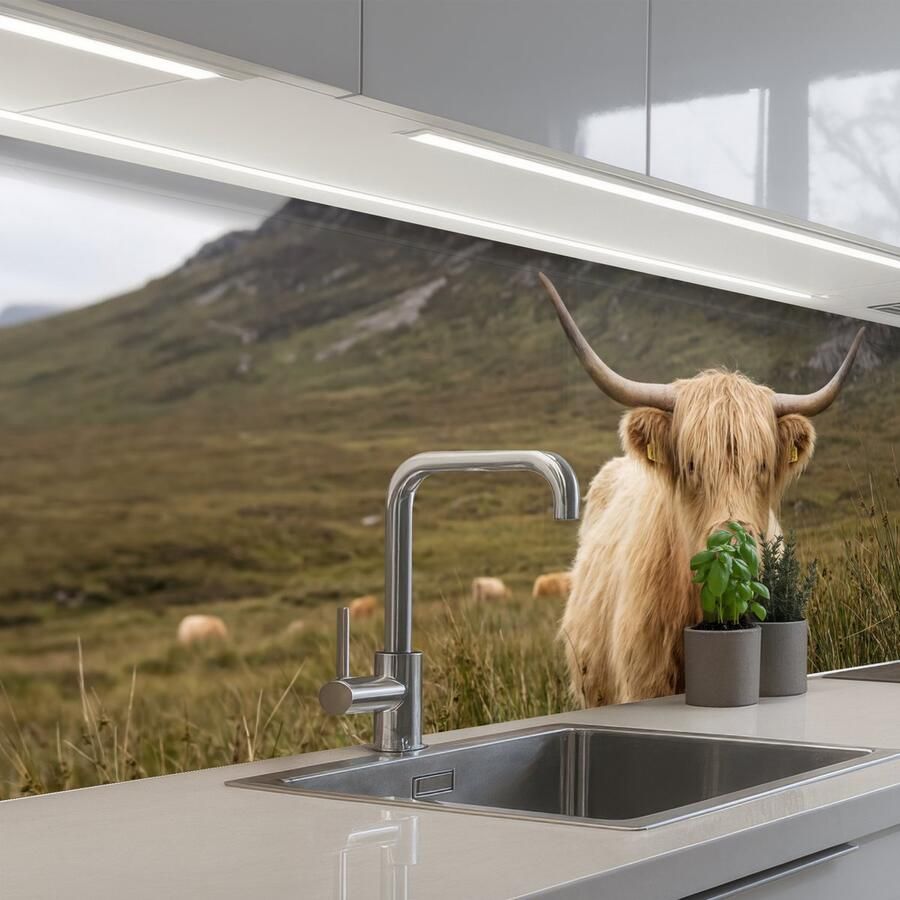 KitchenYeah Keuken achterwand 200x60 cm Spatscherm zelfklevend Schotse hooglander Bergen Grasveld Muurbeschermer Spatwand fornuis