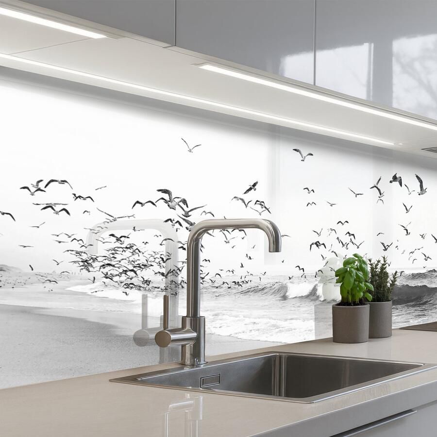 KitchenYeah Keuken achterwand 200x60 cm Spatscherm zelfklevend Strand Zee Golven Vogels Natuur Muurbeschermer Spatwand fornuis