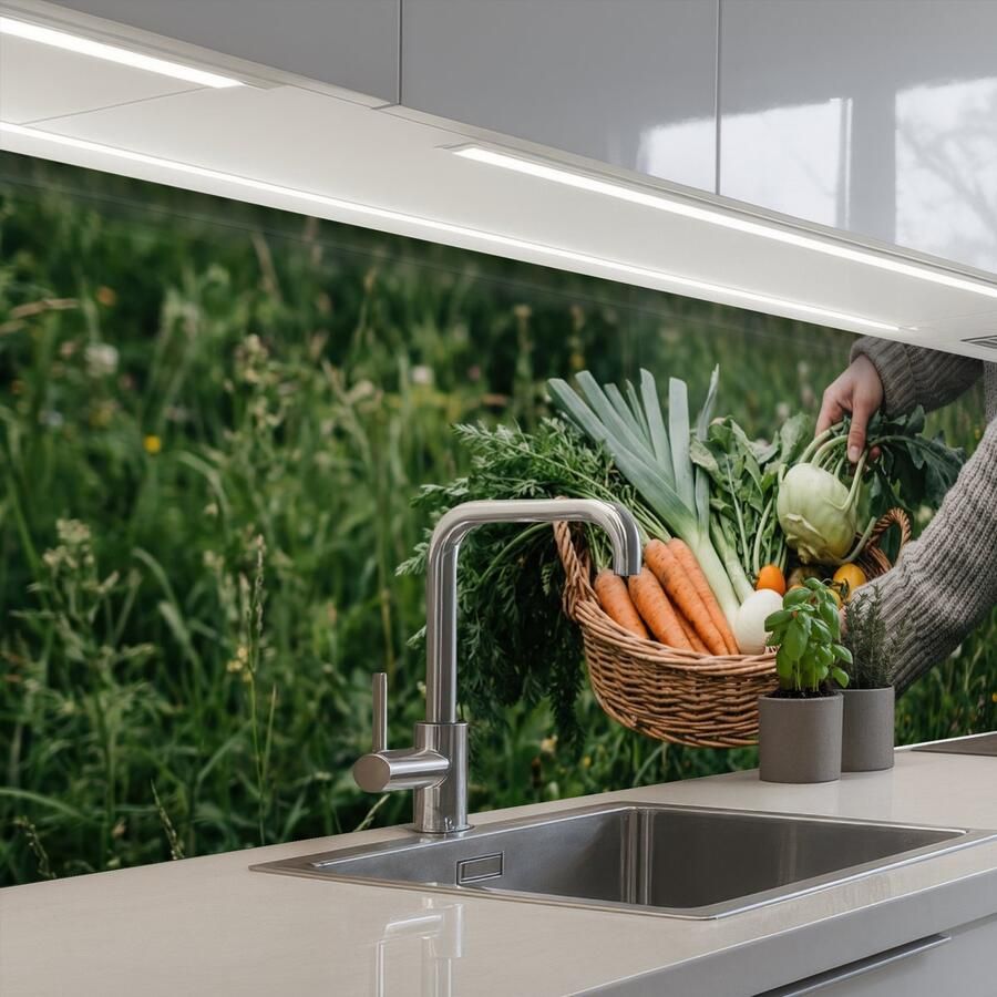 KitchenYeah Keuken achterwand 200x60 cm Spatscherm zelfklevend Veld Groenten Biologisch Oogst Muurbeschermer Spatwand fornuis