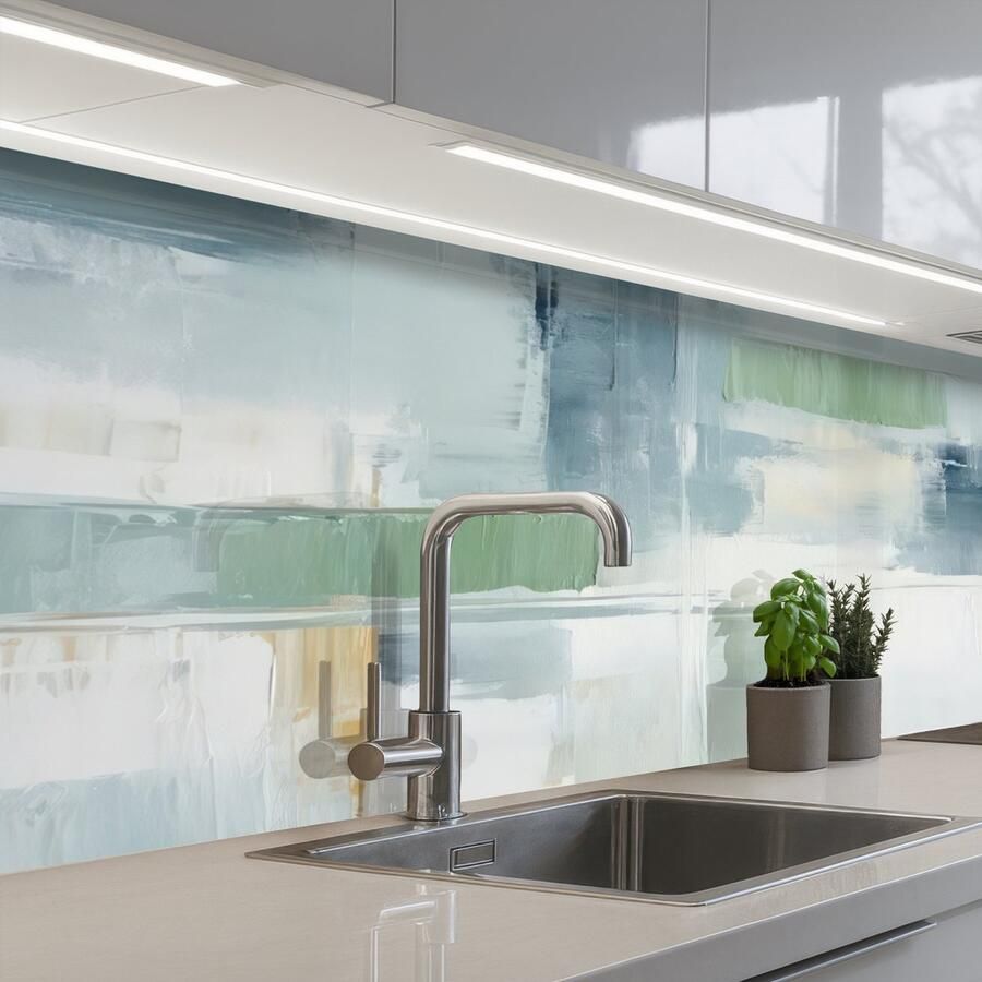 KitchenYeah Keuken achterwand 200x60 cm Spatscherm zelfklevend Verf Moderne kunst Abstract Grijs Muurbeschermer Spatwand fornuis