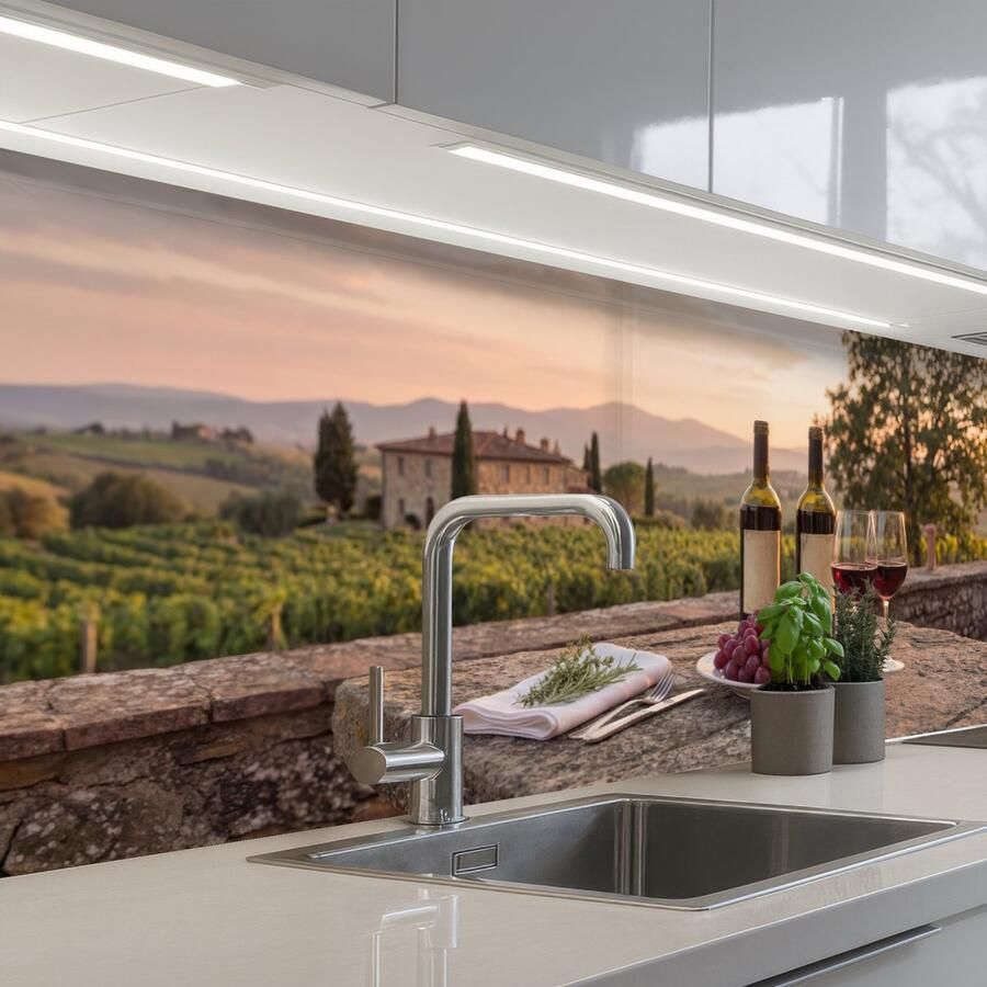 KitchenYeah Keuken achterwand 200x60 cm Spatscherm zelfklevend Wijn Glazen Druiven Wijngaard Muurbeschermer Spatwand fornuis