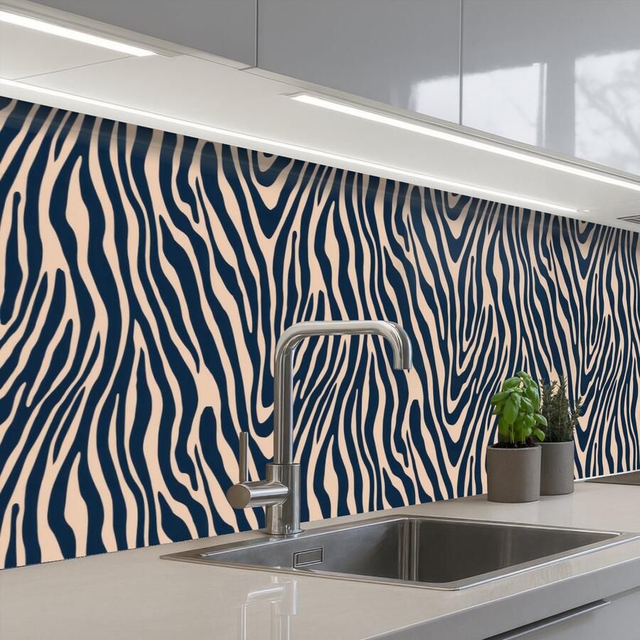KitchenYeah Keuken achterwand 200x60 cm Spatscherm zelfklevend Zebra Patroon Blauw Beige Muurbeschermer Spatwand fornuis