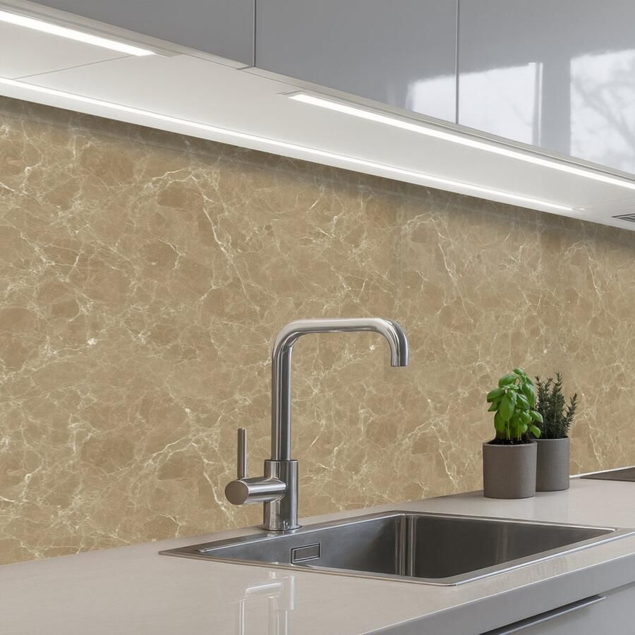KitchenYeah Keuken achterwand 200x80 cm Spatscherm zelfklevend Beige Marmer print Witte aders Muurbeschermer Spatwand fornuis