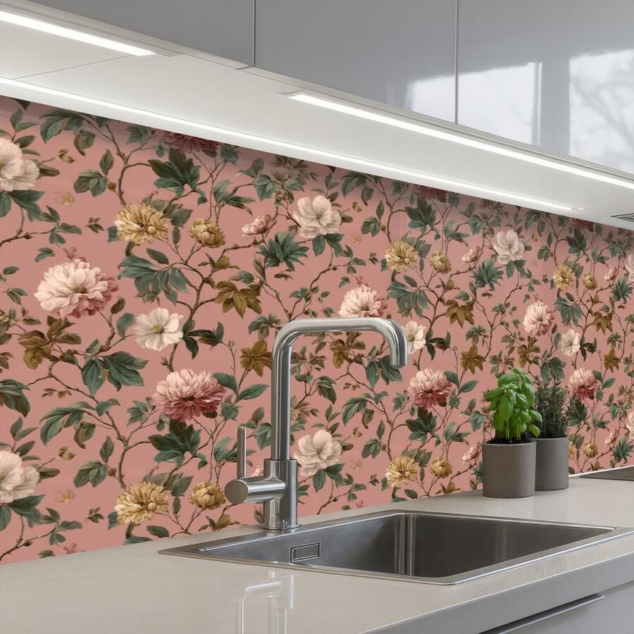 KitchenYeah Keuken achterwand 200x80 cm Spatscherm zelfklevend Bloemen Klassiek Roze Muurbeschermer Spatwand fornuis