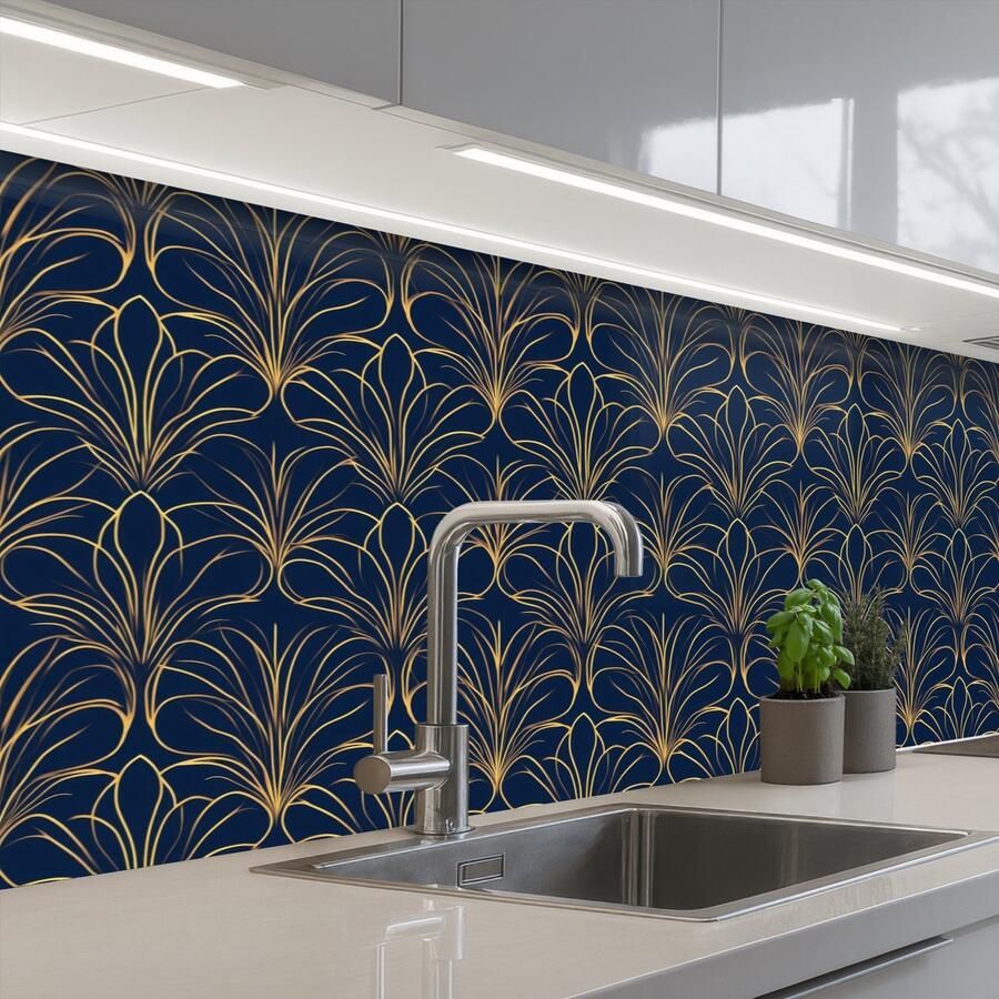 KitchenYeah Keuken achterwand 200x80 cm Spatscherm zelfklevend Deco Waaier Blauw Muurbeschermer Spatwand fornuis