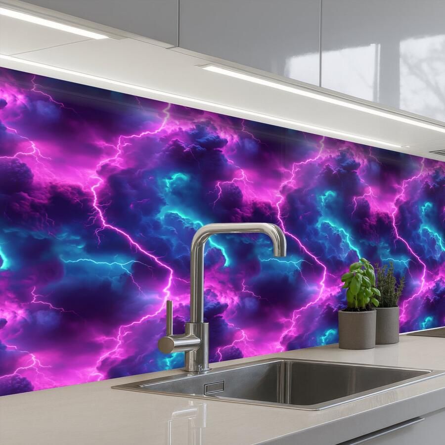 KitchenYeah Keuken achterwand 200x80 cm Spatscherm zelfklevend Elektrisch Neon Lucht Muurbeschermer Spatwand fornuis