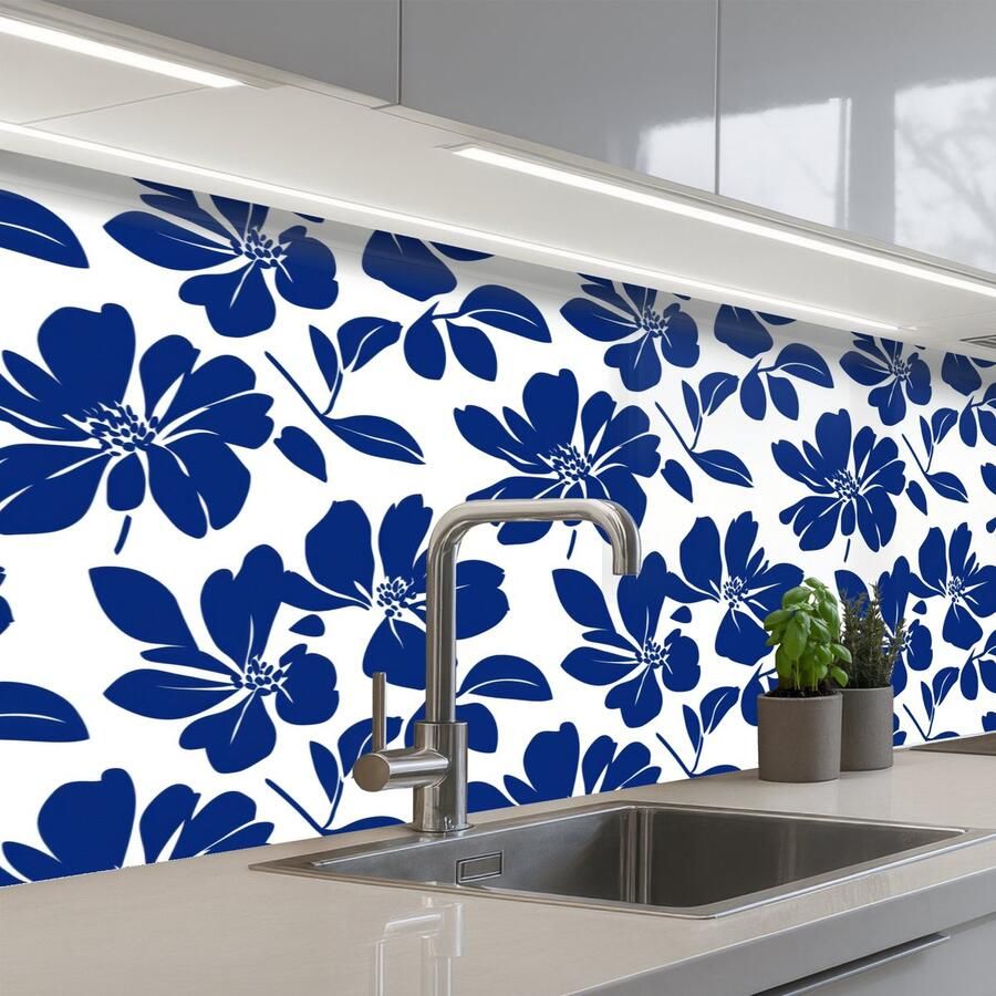 KitchenYeah Keuken achterwand 200x80 cm Spatscherm zelfklevend Floraal Modern Blauw Muurbeschermer Spatwand fornuis