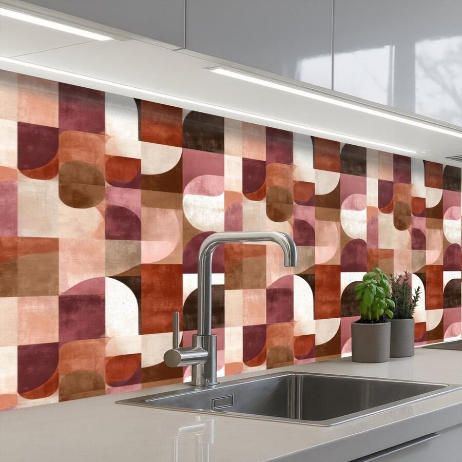 KitchenYeah Keuken achterwand 200x80 cm Spatscherm zelfklevend Geometrie Modern Retro Muurbeschermer Spatwand fornuis