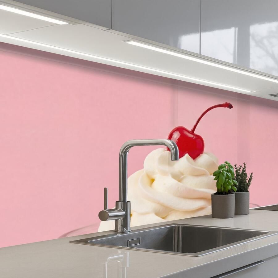 KitchenYeah Keuken achterwand 200x80 cm Spatscherm zelfklevend Kers Slagroom Roze Muurbeschermer Spatwand fornuis