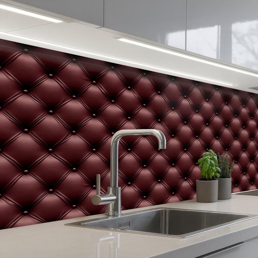 KitchenYeah Keuken achterwand 200x80 cm Spatscherm zelfklevend Leer Patroon Bordeaux Muurbeschermer Spatwand fornuis