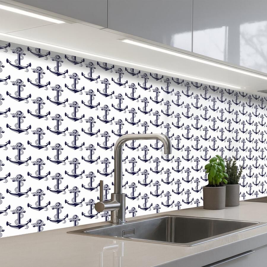KitchenYeah Keuken achterwand 200x80 cm Spatscherm zelfklevend Oceaan Anker Blauw Wit Muurbeschermer Spatwand fornuis