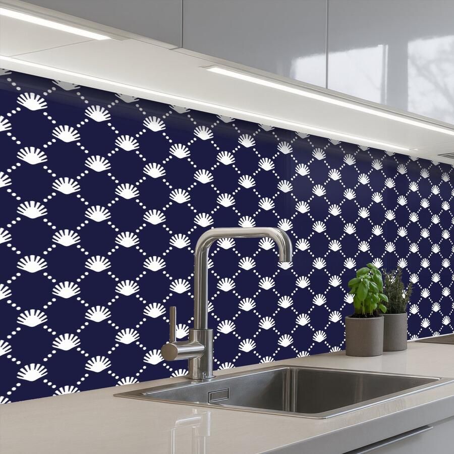 KitchenYeah Keuken achterwand 200x80 cm Spatscherm zelfklevend Oceaan Schelp Blauw Wit Muurbeschermer Spatwand fornuis