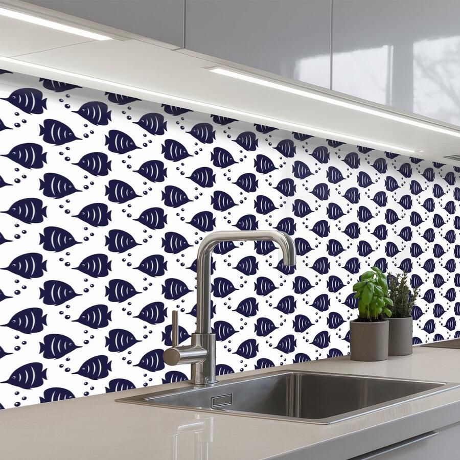 KitchenYeah Keuken achterwand 200x80 cm Spatscherm zelfklevend Oceaan Vis Blauw Wit Muurbeschermer Spatwand fornuis