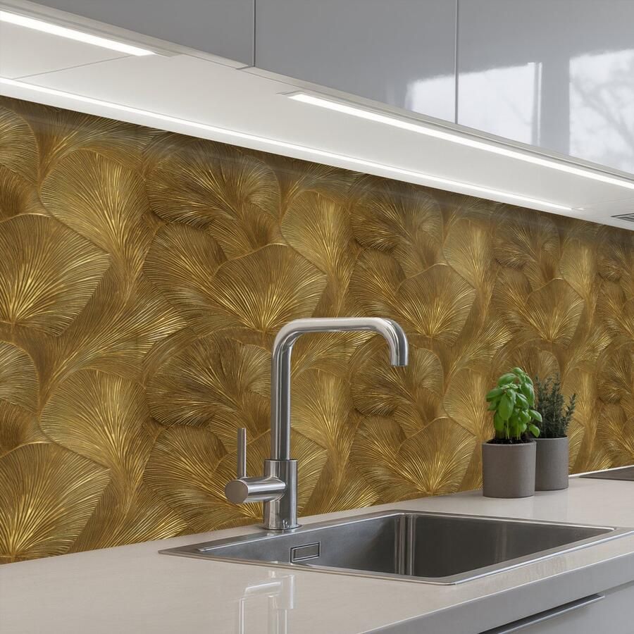 KitchenYeah Keuken achterwand 200x80 cm Spatscherm zelfklevend Organisch Lijnen Goud Muurbeschermer Spatwand fornuis