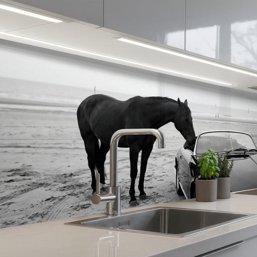 KitchenYeah Keuken achterwand 200x80 cm Spatscherm zelfklevend Paard Auto Zwart Wit Muurbeschermer Spatwand fornuis