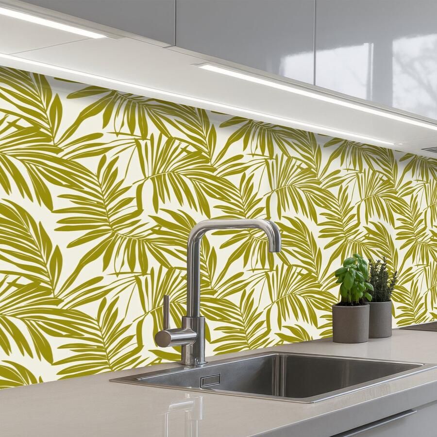 KitchenYeah Keuken achterwand 200x80 cm Spatscherm zelfklevend Palmblad Patroon Groen Muurbeschermer Spatwand fornuis
