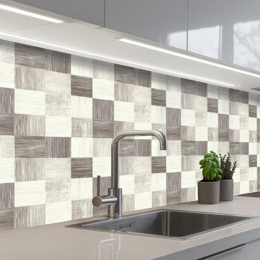 KitchenYeah Keuken achterwand 200x80 cm Spatscherm zelfklevend Patroon Dambord Houtnerf Muurbeschermer Spatwand fornuis