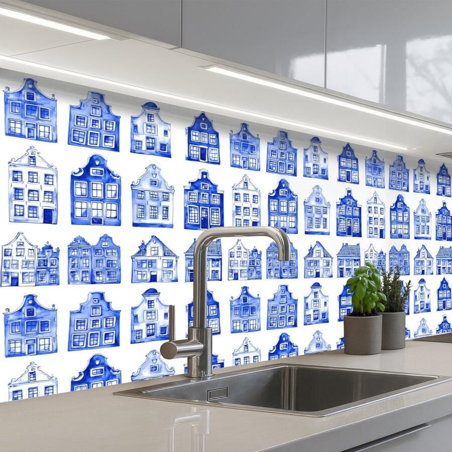 KitchenYeah Keuken achterwand 200x80 cm Spatscherm zelfklevend Patroon Huizen Blauw Muurbeschermer Spatwand fornuis