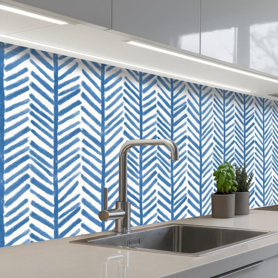 KitchenYeah Keuken achterwand 200x80 cm Spatscherm zelfklevend Patroon Streep Blauw Muurbeschermer Spatwand fornuis