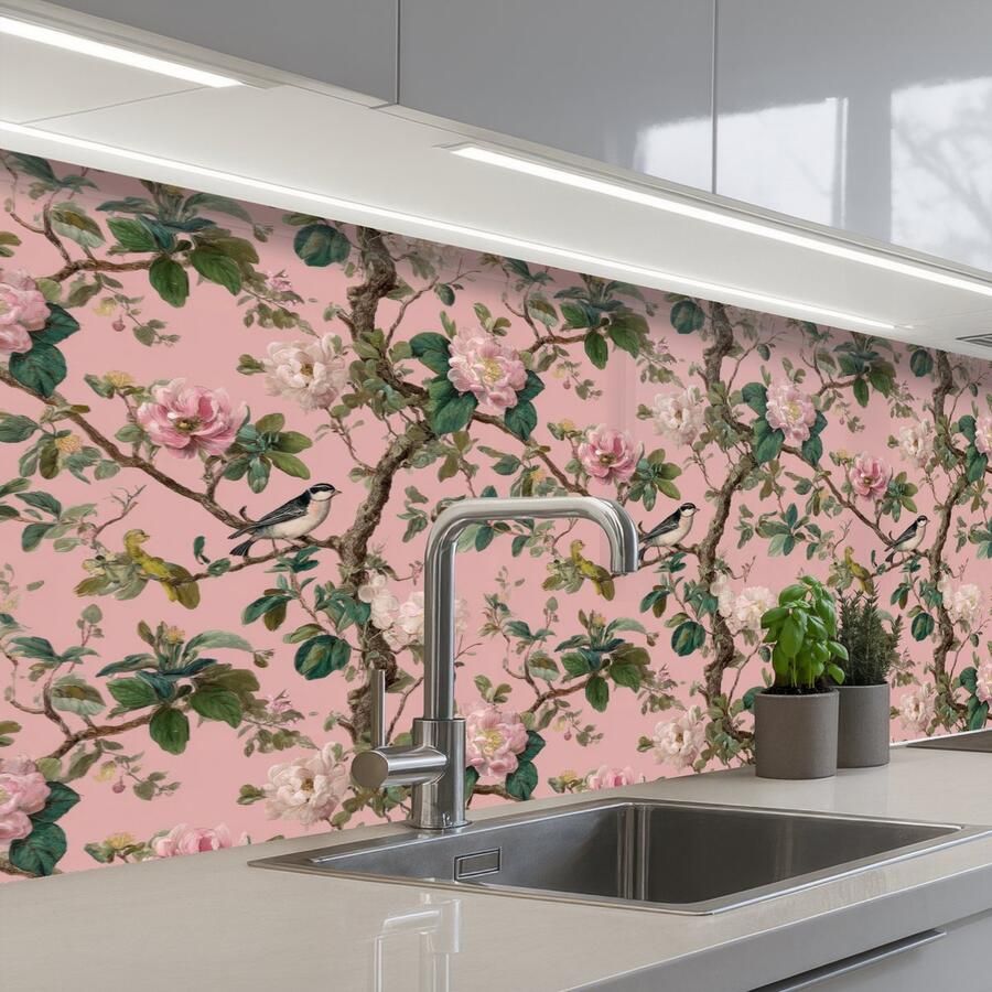 KitchenYeah Keuken achterwand 200x80 cm Spatscherm zelfklevend Pioenrozen Botanisch Vogel Muurbeschermer Spatwand fornuis