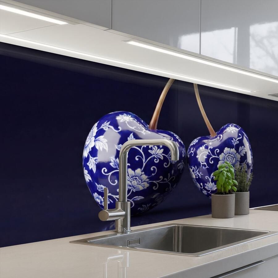 KitchenYeah Keuken achterwand 200x80 cm Spatscherm zelfklevend Porselein- Kersen Delfts Blauw Muurbeschermer Spatwand fornuis