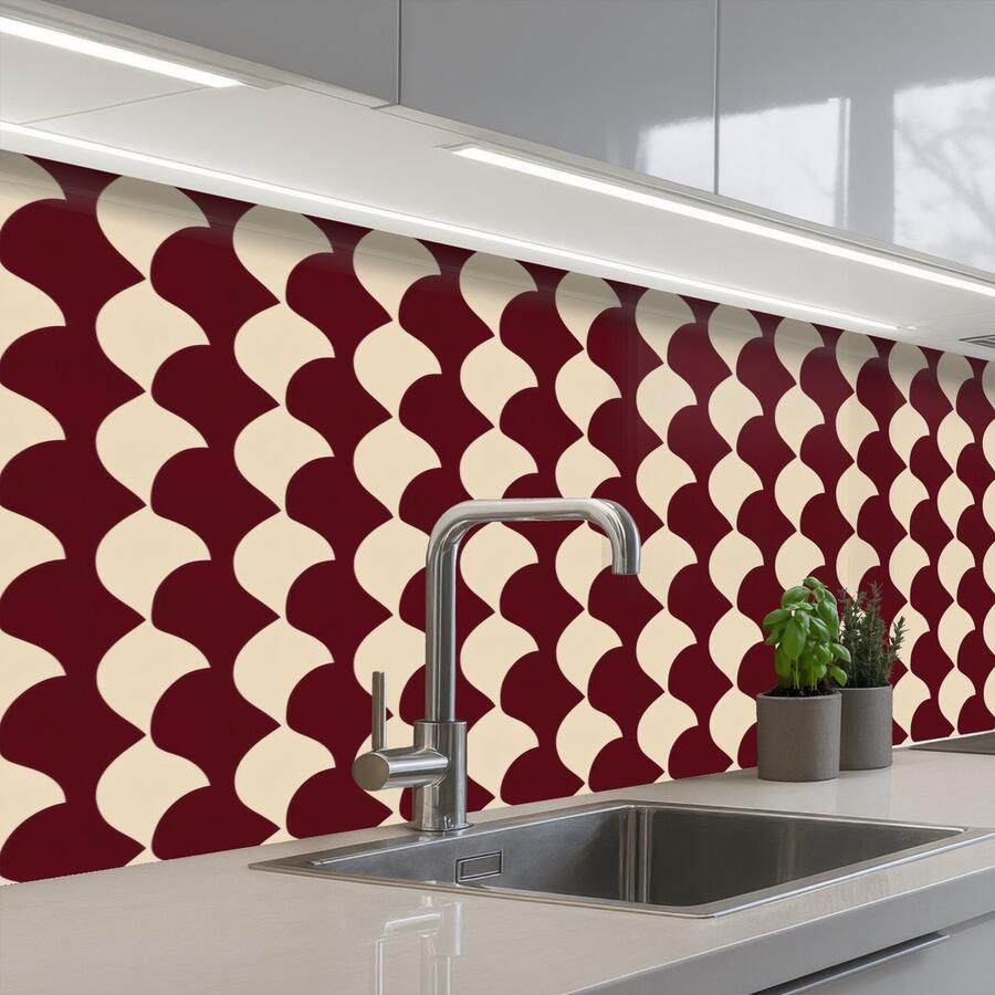 KitchenYeah Keuken achterwand 200x80 cm Spatscherm zelfklevend Rood Tegelpatroon Crème Muurbeschermer Spatwand fornuis