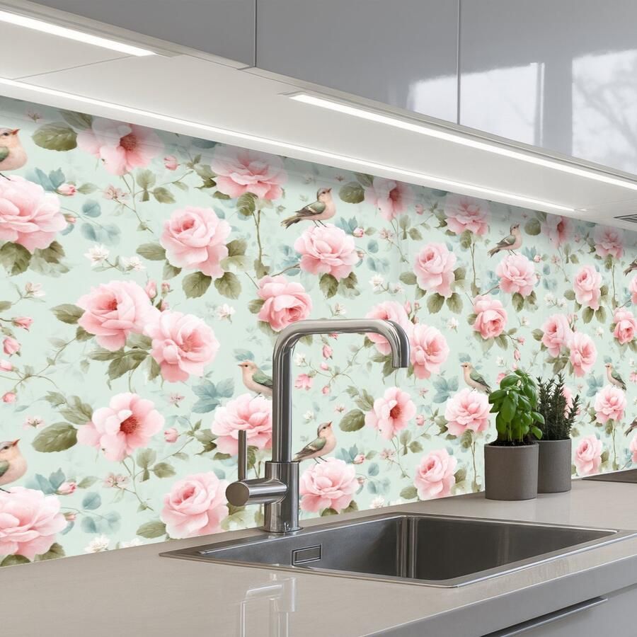 KitchenYeah Keuken achterwand 200x80 cm Spatscherm zelfklevend Rozen Vogels Pastel Kleurrijk Muurbeschermer Spatwand fornuis