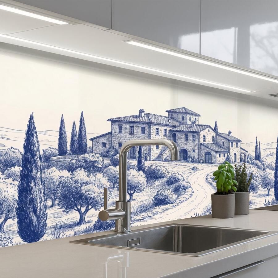 KitchenYeah Keuken achterwand 200x80 cm Spatscherm zelfklevend Rustiek Landgoed Blauw Muurbeschermer Spatwand fornuis