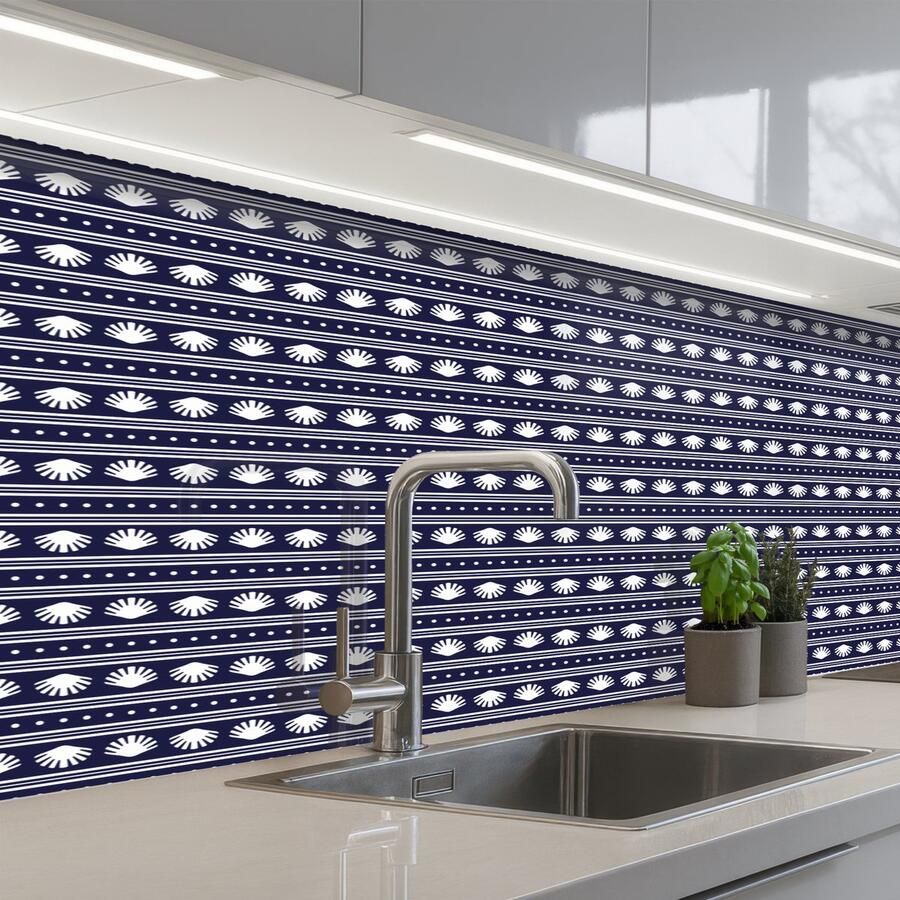 KitchenYeah Keuken achterwand 200x80 cm Spatscherm zelfklevend Schelp Nautisch Blauw Wit Muurbeschermer Spatwand fornuis