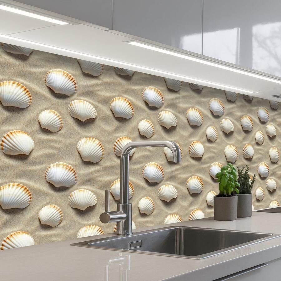 KitchenYeah Keuken achterwand 200x80 cm Spatscherm zelfklevend Schelpen Zand Maritiem Muurbeschermer Spatwand fornuis