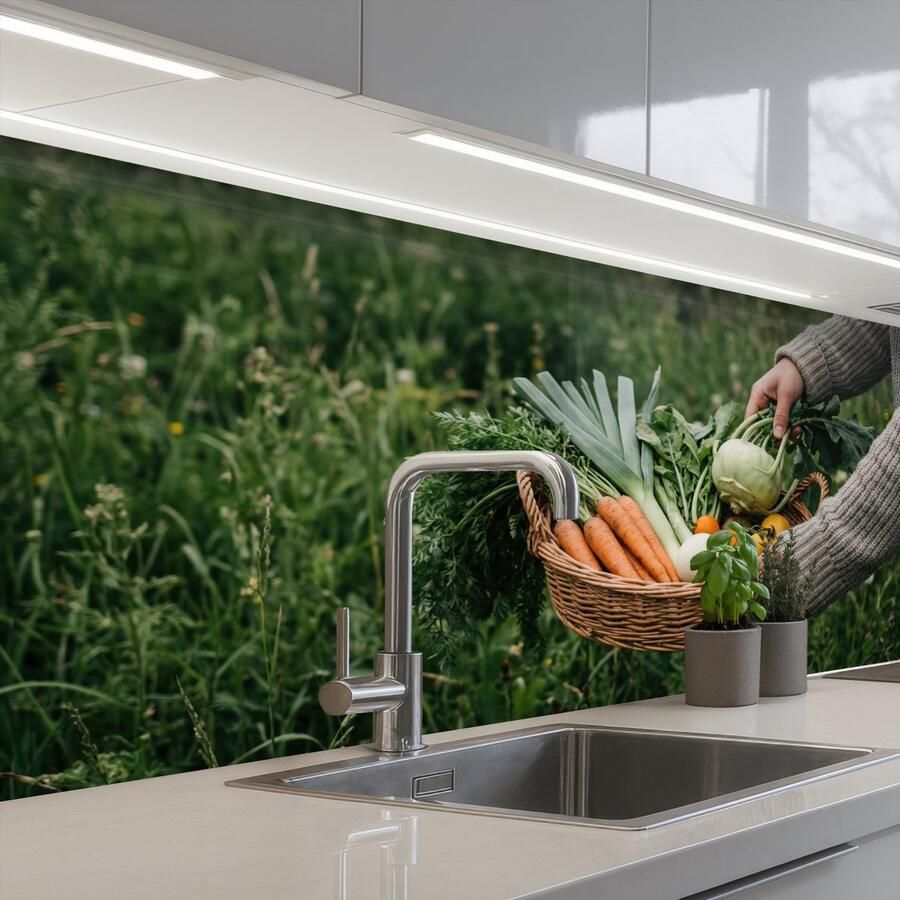 KitchenYeah Keuken achterwand 200x80 cm Spatscherm zelfklevend Veld Groenten Biologisch Oogst Muurbeschermer Spatwand fornuis