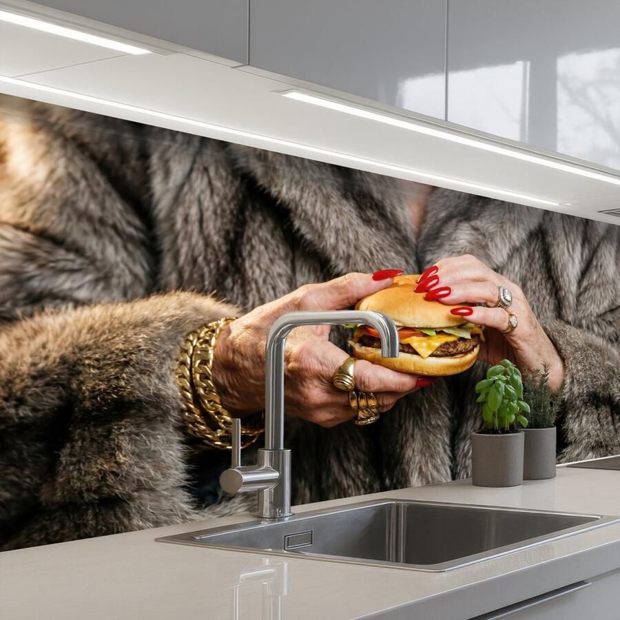 KitchenYeah Keuken achterwand 200x80 cm Spatscherm zelfklevend Vrouw Hamburger Bontjas Muurbeschermer Spatwand fornuis