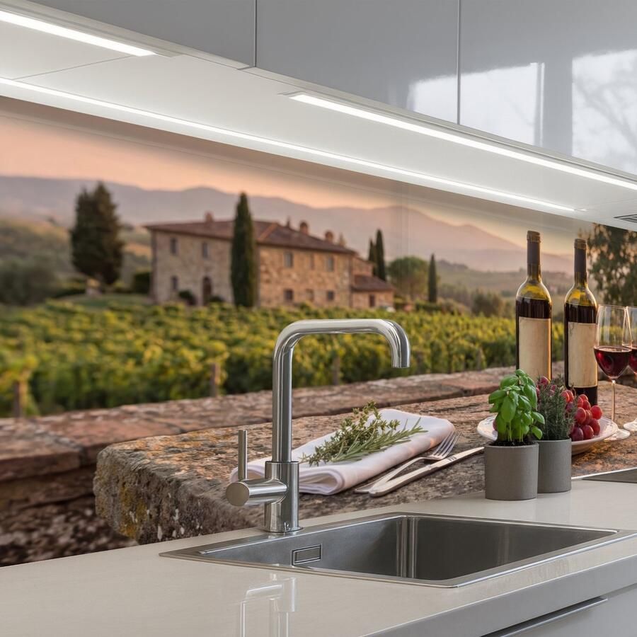 KitchenYeah Keuken achterwand 200x80 cm Spatscherm zelfklevend Wijn Glazen Druiven Wijngaard Muurbeschermer Spatwand fornuis