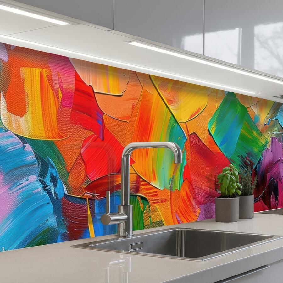 KitchenYeah Keuken achterwand 250x60 cm Spatscherm zelfklevend Abstract Verflook Modern Kleurrijk Muurbeschermer Spatwand fornuis
