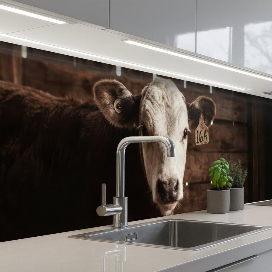 KitchenYeah Keuken achterwand 250x60 cm Spatscherm zelfklevend Kalf Oormerk Houten stal Muurbeschermer Spatwand fornuis