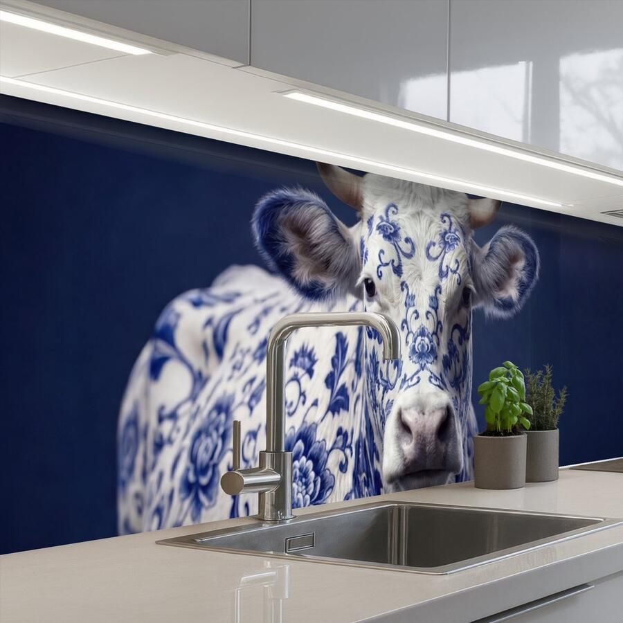 KitchenYeah Keuken achterwand 250x60 cm Spatscherm zelfklevend Koe Delfts Blauw Artistiek Muurbeschermer Spatwand fornuis
