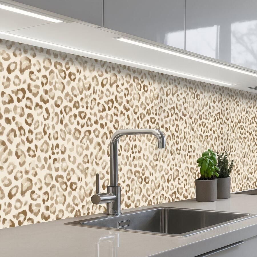 KitchenYeah Keuken achterwand 250x60 cm Spatscherm zelfklevend Luipaard Klassiek Beige Muurbeschermer Spatwand fornuis
