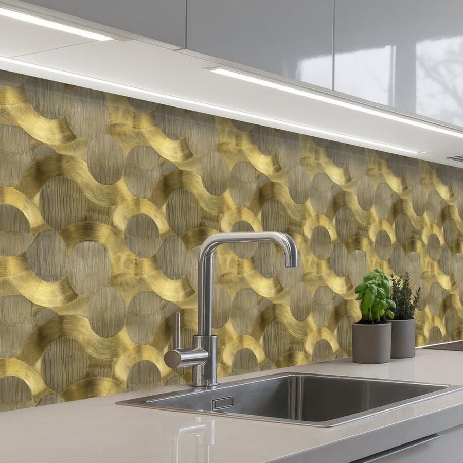 KitchenYeah Keuken achterwand 250x60 cm Spatscherm zelfklevend Modern Geometrisch Goud Muurbeschermer Spatwand fornuis