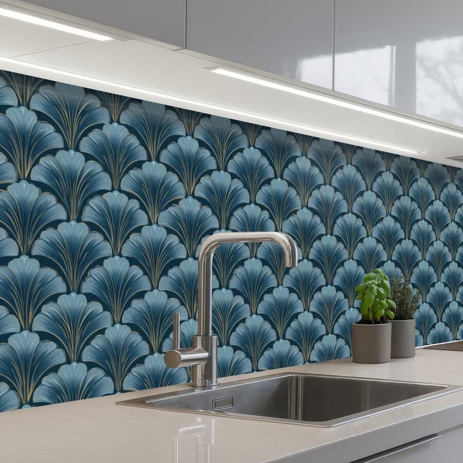 KitchenYeah Keuken achterwand 250x60 cm Spatscherm zelfklevend Patroon Ginkgoblad Blauw Muurbeschermer Spatwand fornuis