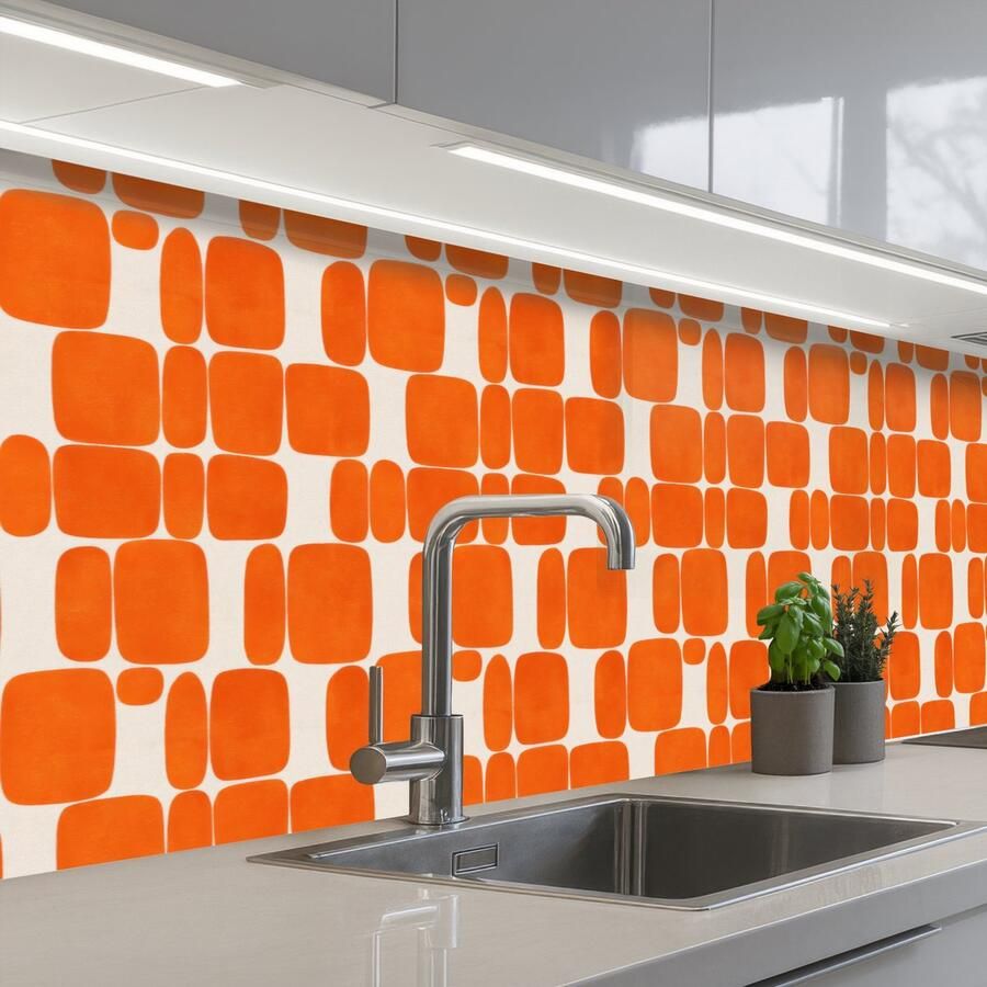 KitchenYeah Keuken achterwand 250x60 cm Spatscherm zelfklevend Patroon Retro Oranje Muurbeschermer Spatwand fornuis