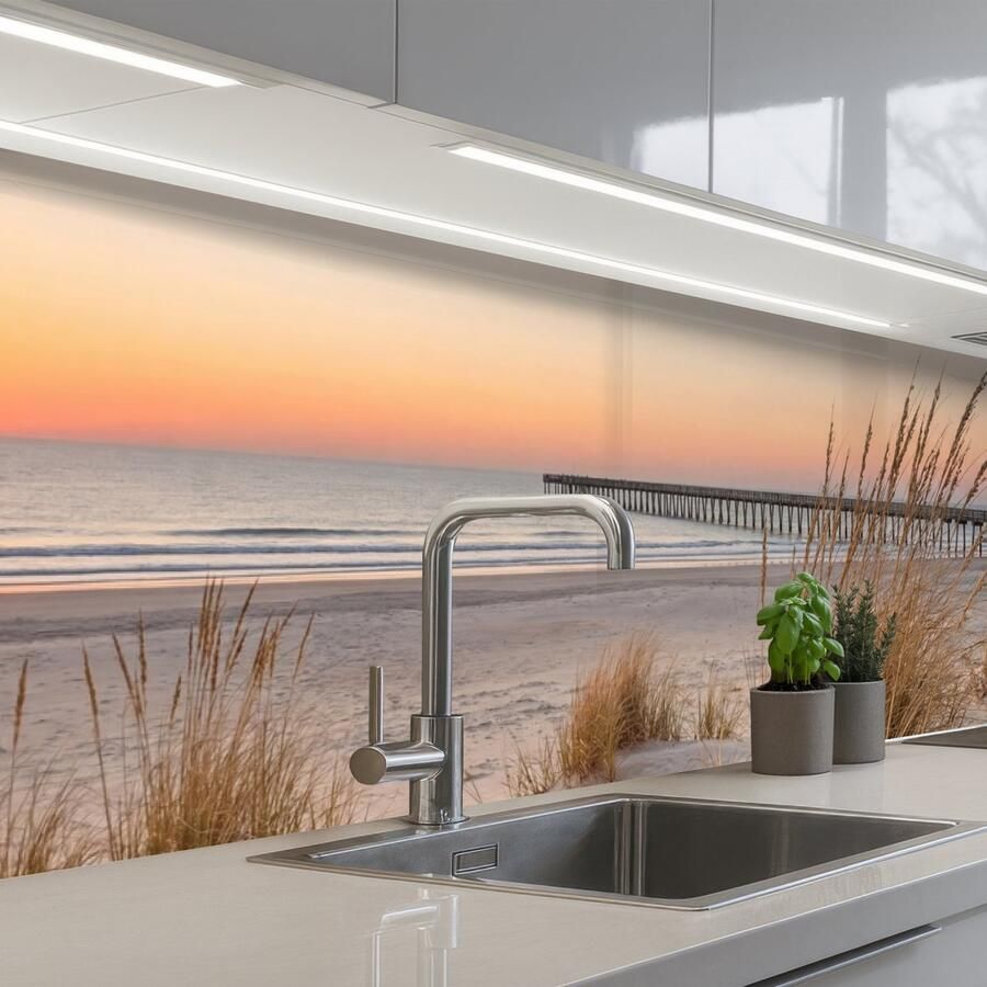 KitchenYeah Keuken achterwand 250x60 cm Spatscherm zelfklevend Pier Zonsondergang Strand Muurbeschermer Spatwand fornuis