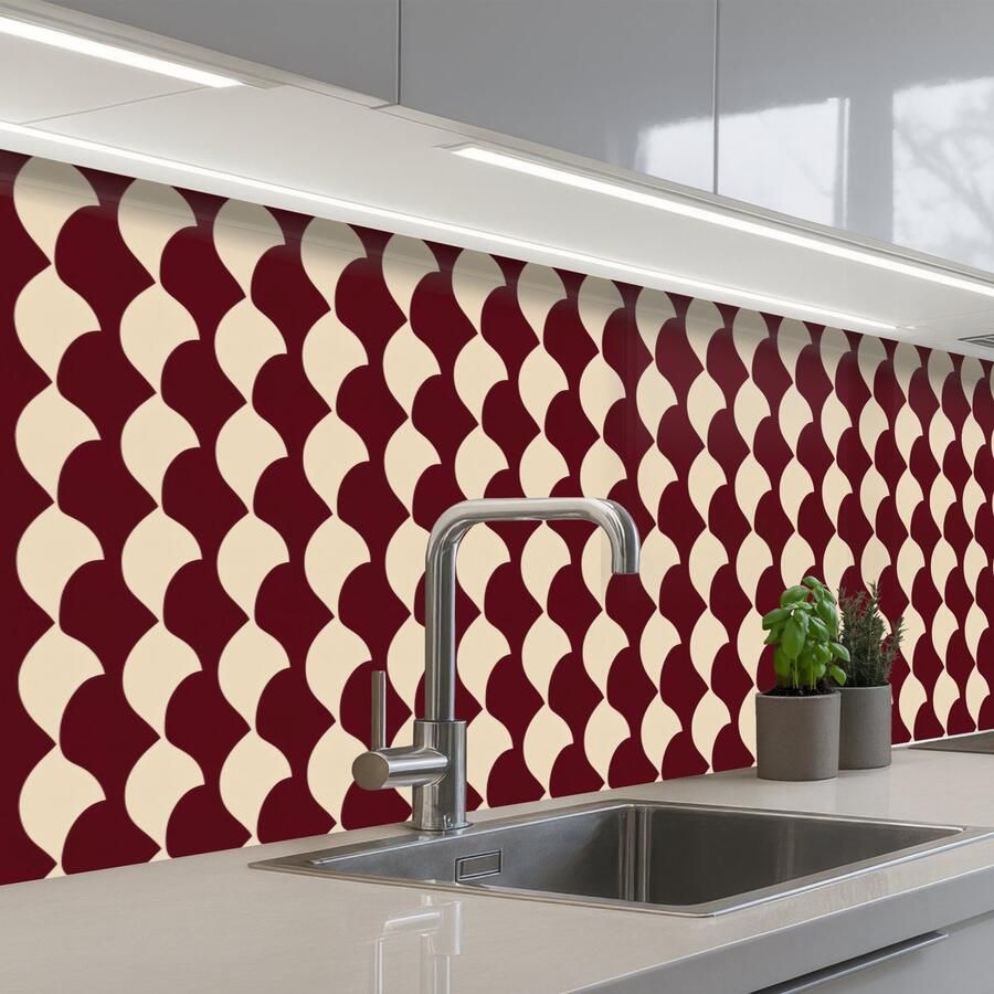 KitchenYeah Keuken achterwand 250x60 cm Spatscherm zelfklevend Rood Tegelpatroon Crème Muurbeschermer Spatwand fornuis