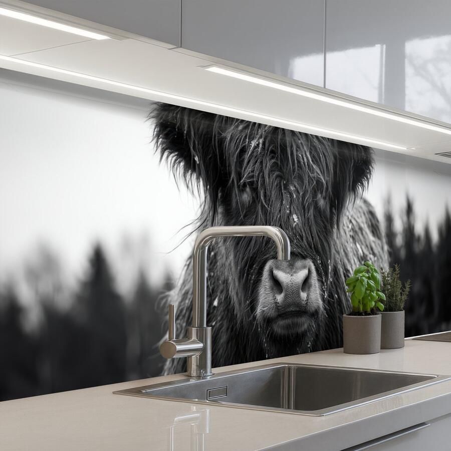 KitchenYeah Keuken achterwand 250x60 cm Spatscherm zelfklevend Schotse hooglander Zwart Wit Sneeuwvlokken Muurbeschermer Spatwand fornuis